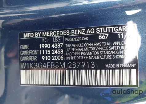 2021 Mercedes-Benz A 220 z USA, uszkodzony, nr VIN W1K3G4EB8MJ287913